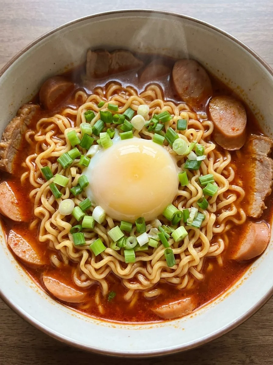 Budae Jjigae Korean Army Stew with sausages, noodles, and vegetables in a pot