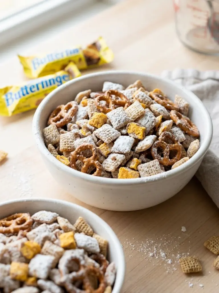 A bowl of Butterfinger Puppy Chow snacks, featuring chocolate and peanut butter flavors.