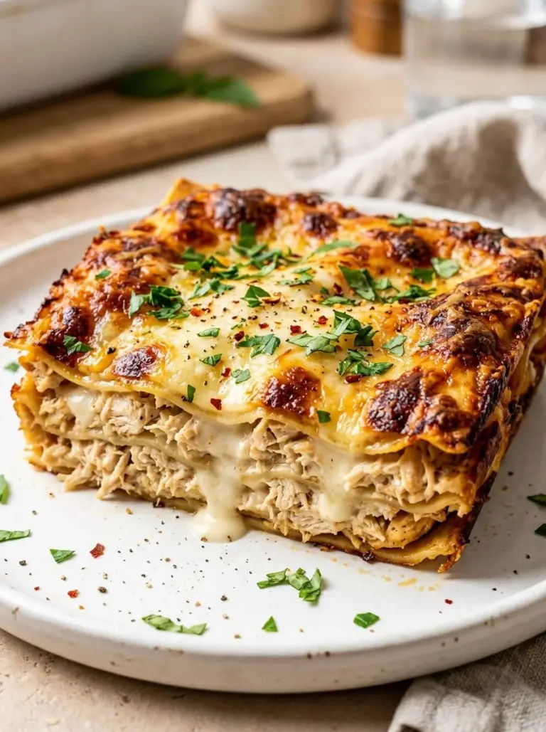 Delicious Chicken Lasagna Bake with layers of chicken, cheese, and marinara sauce.