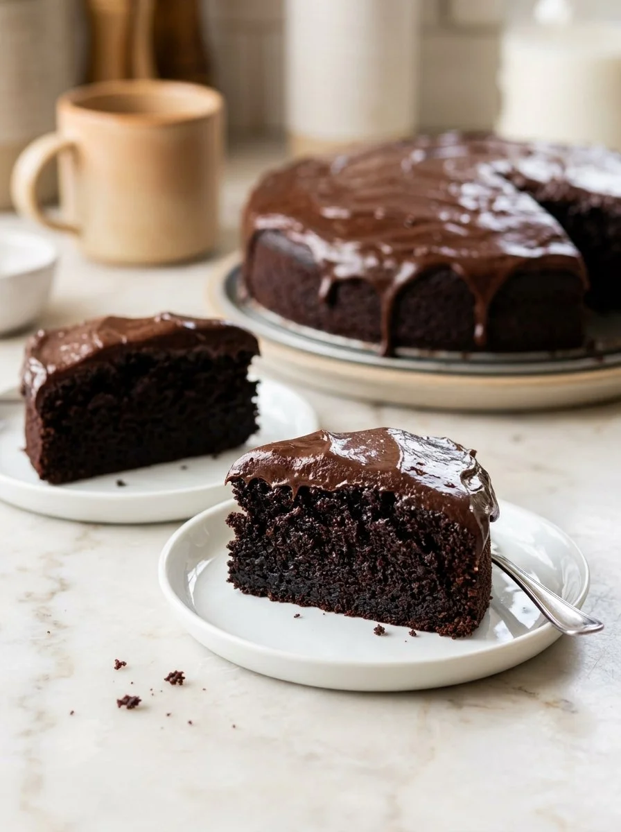 Delicious homemade Chocolate Buttermilk Cake on a decorative plate
