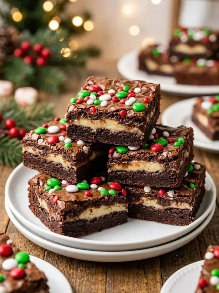 Delicious Christmas Magic Layer Brownie Bars topped with festive decorations