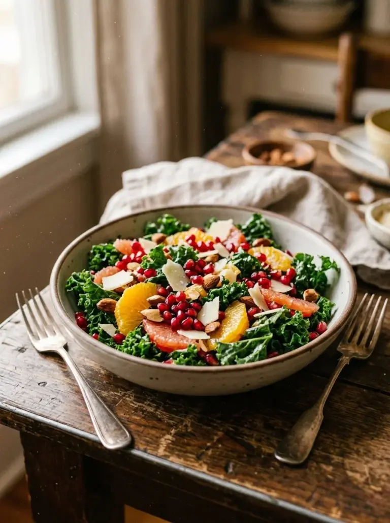 Citrus Pomegranate Kale Salad with colorful ingredients and healthy toppings