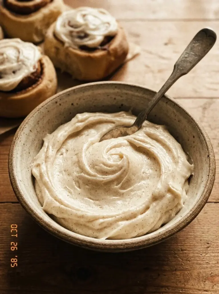 Cream cheese frosting drizzled over warm cinnamon rolls on a plate
