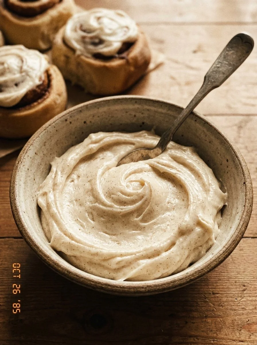 Cream cheese frosting drizzled over warm cinnamon rolls on a plate