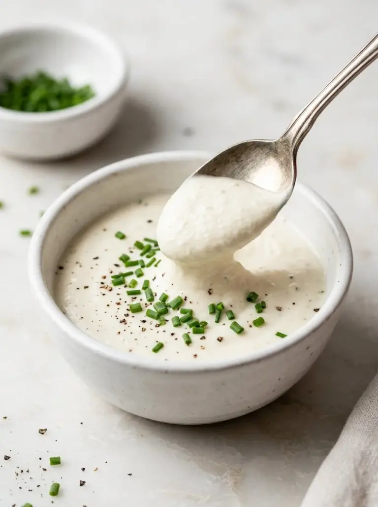 Creamy horseradish sauce served in a bowl with fresh herbs