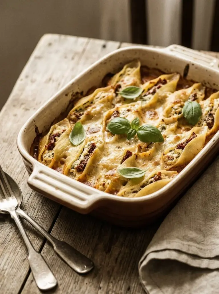 Creamy sun-dried tomato and ricotta stuffed shells in a baking dish