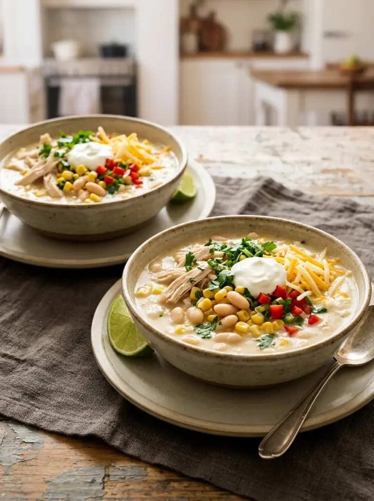 Bowl of Crockpot White Chicken Chili topped with cilantro and jalapeños