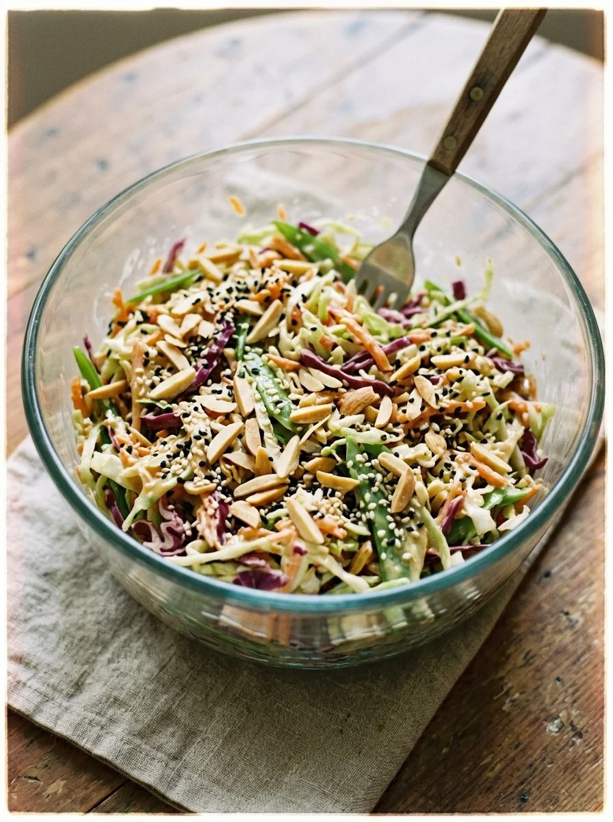 Crunchy Asian Cabbage Slaw with Sesame Dressing in a bowl