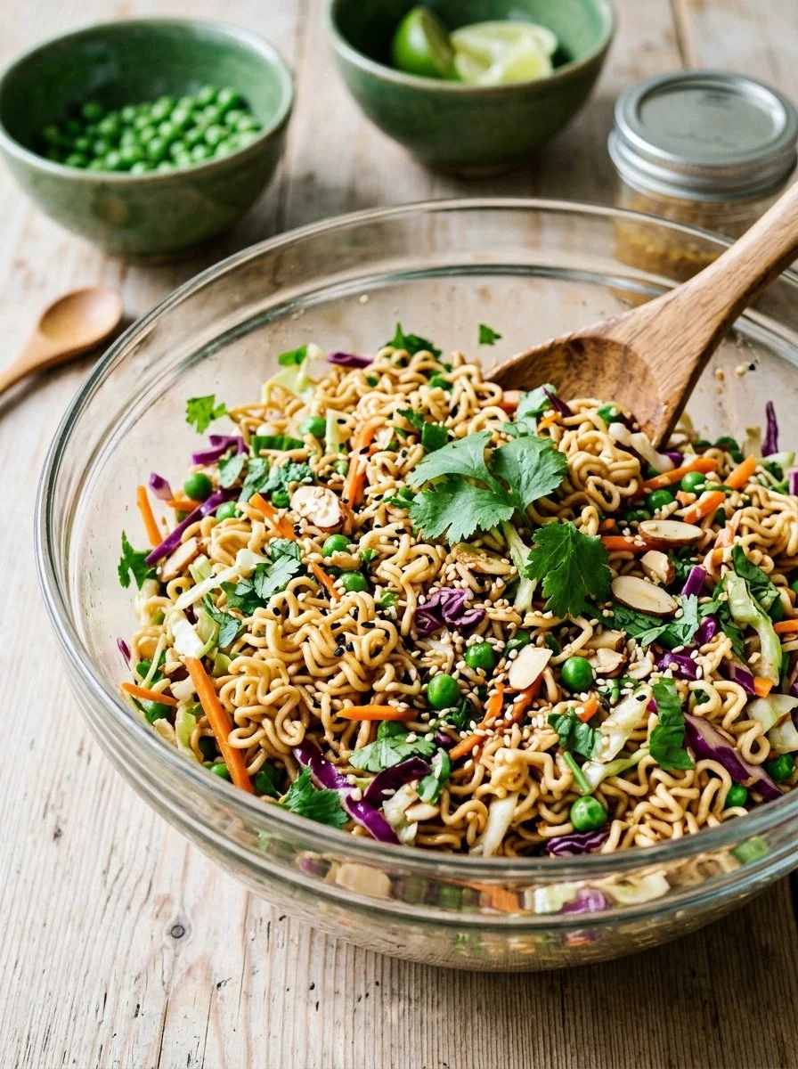 Crunchy Asian ramen noodle salad with fresh vegetables and dressing