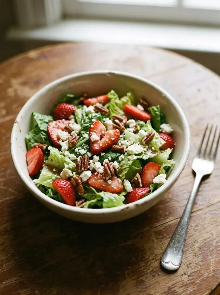 Crunchy Strawberry Romaine Feta Salad with fresh ingredients and feta cheese.