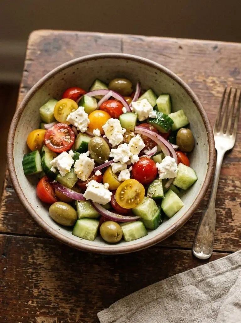 Cucumber Feta Salad topped with Lemon Greek Vinaigrette