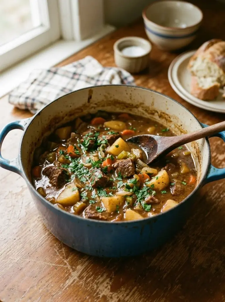 A bowl of Dutch Oven Beef Stew with vegetables and herbs