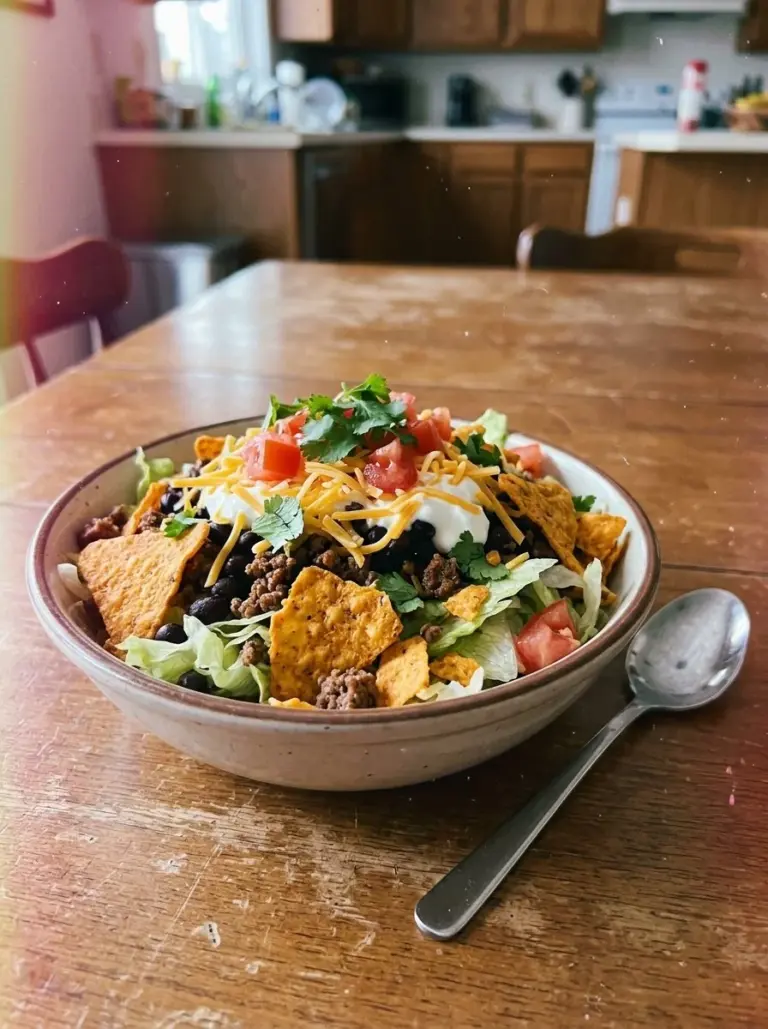Bowl of Easy Doritos Taco Salad topped with cheese and tomatoes