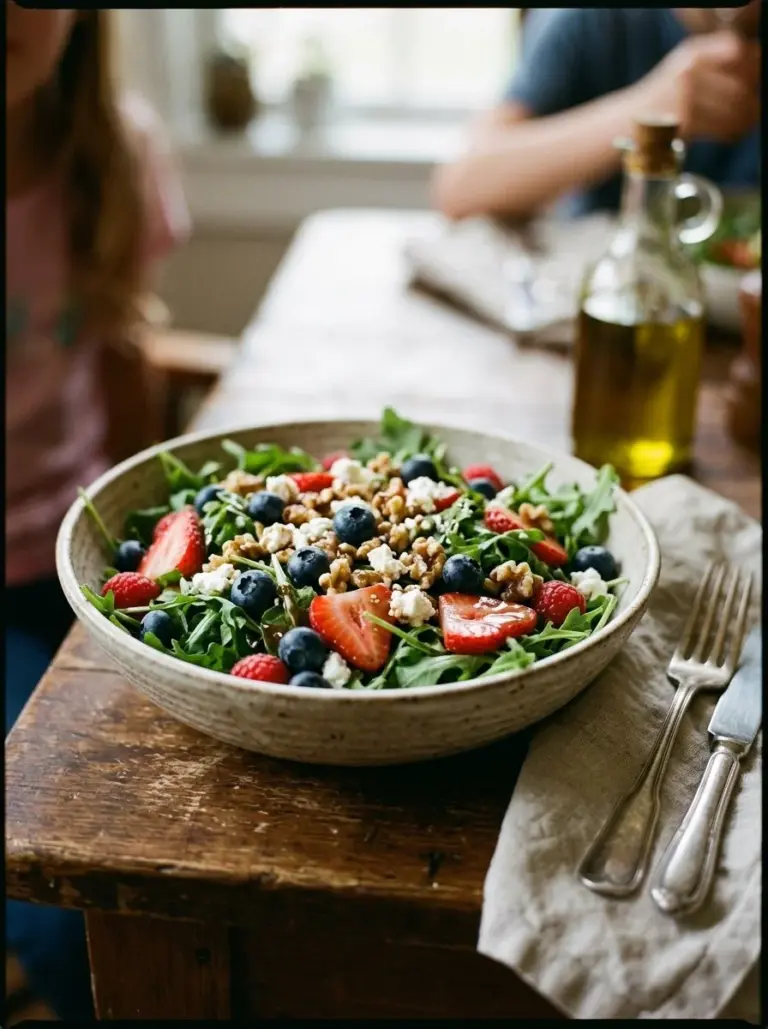 Fresh arugula salad with berries, nuts, and vinaigrette in a bowl