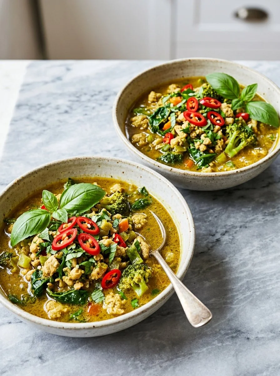 Delicious bowl of Ground Chicken Green Thai Curry garnished with fresh herbs