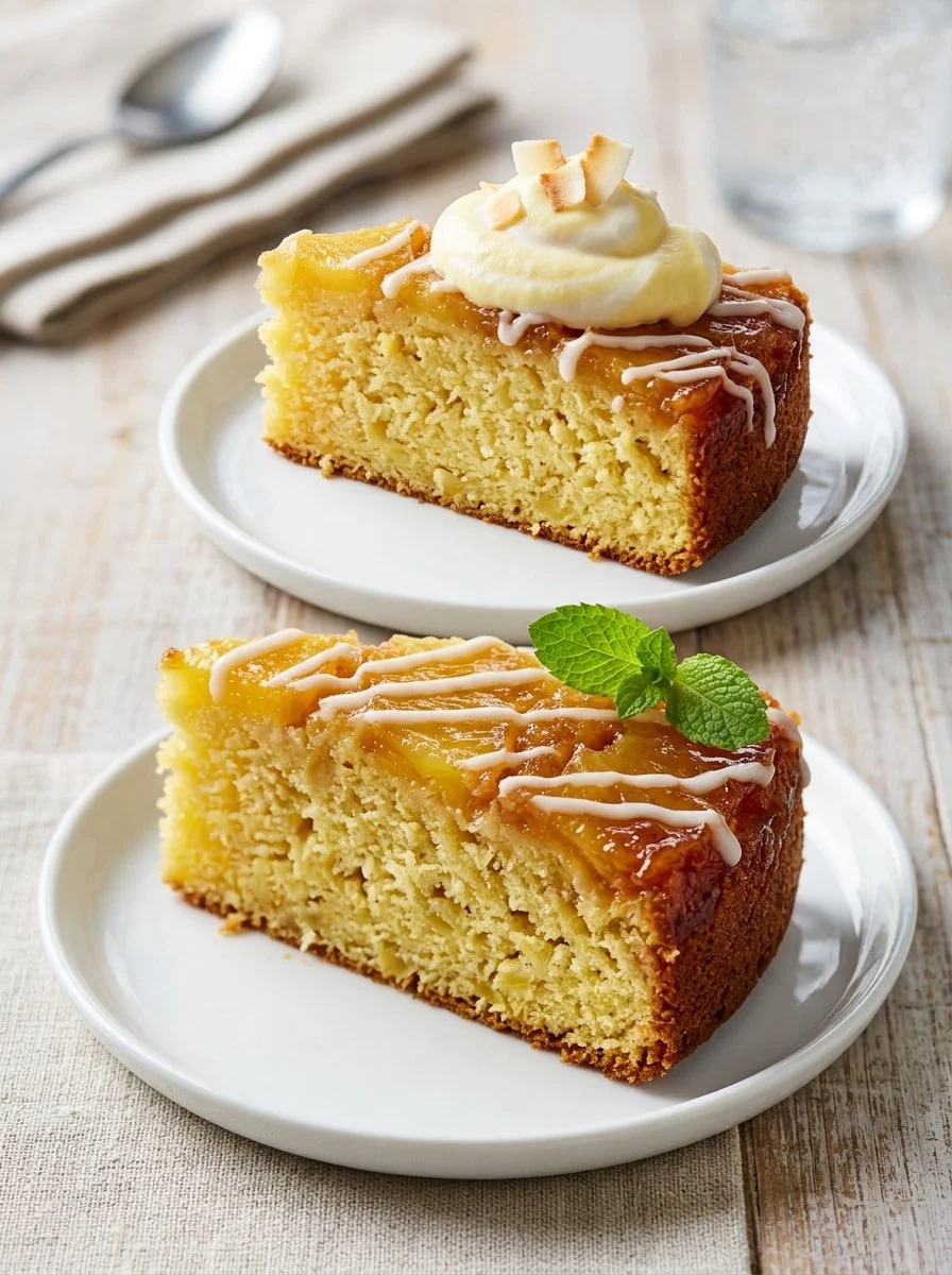 A slice of moist Hawaiian Pineapple Cake topped with fresh pineapple and whipped cream.
