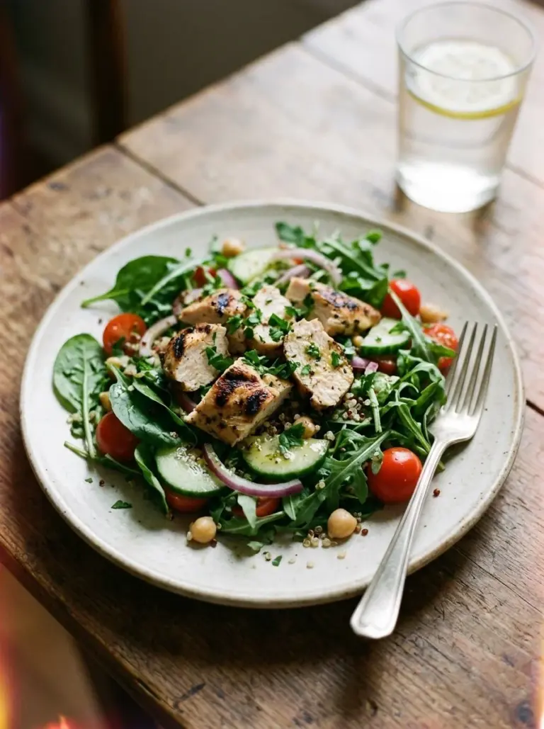 Healthy grilled chicken salad with fresh vegetables and a light dressing