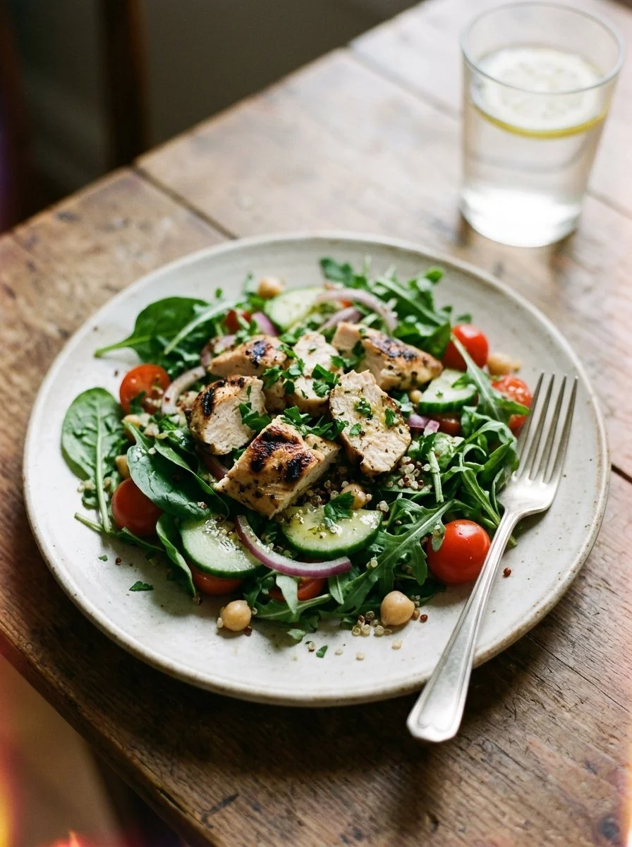 Healthy grilled chicken salad with fresh vegetables and a light dressing