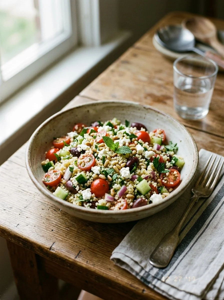 Delicious Mediterranean Couscous Salad with fresh vegetables and herbs.