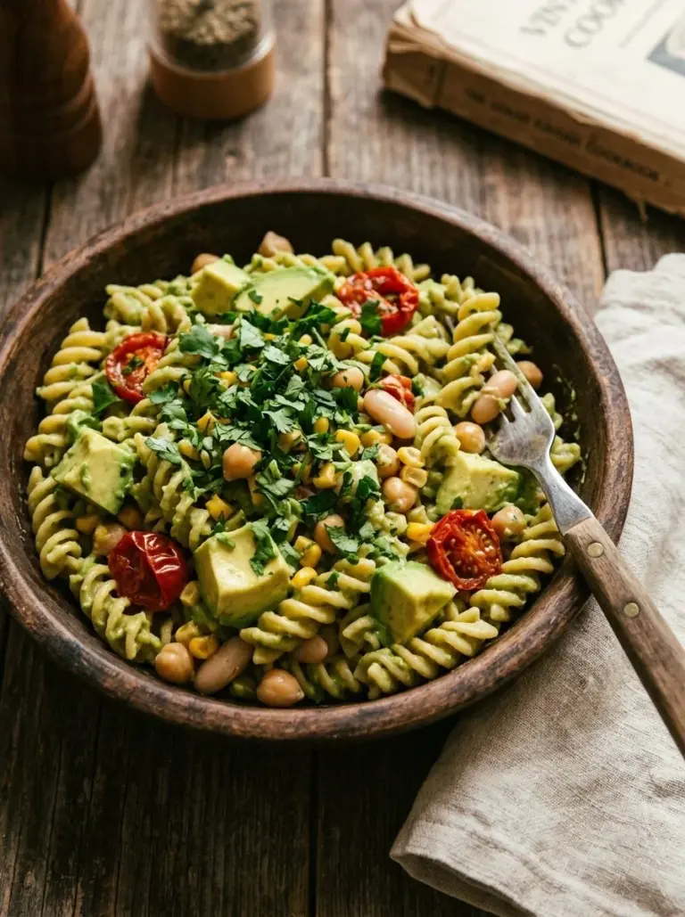 High protein vegan avocado pasta salad with colorful vegetables
