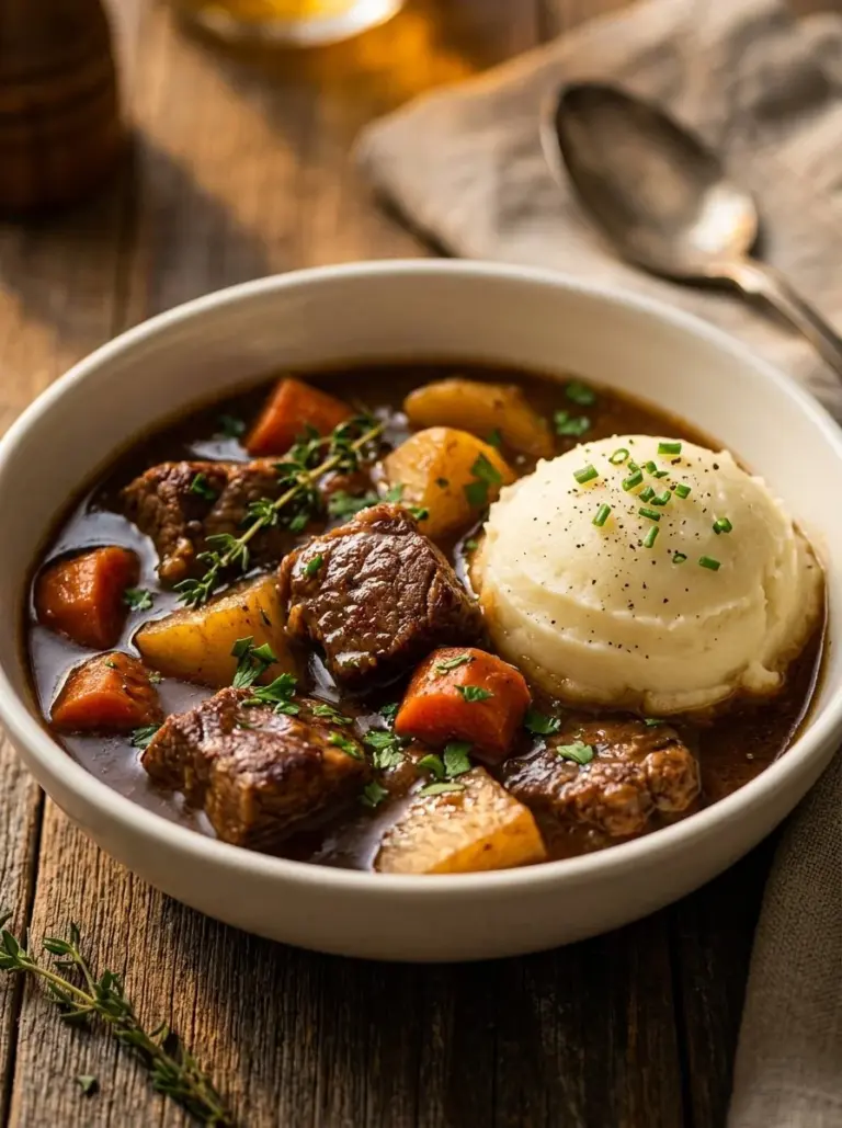 Bowl of Irish Guinness Beef Stew with vegetables and herbs