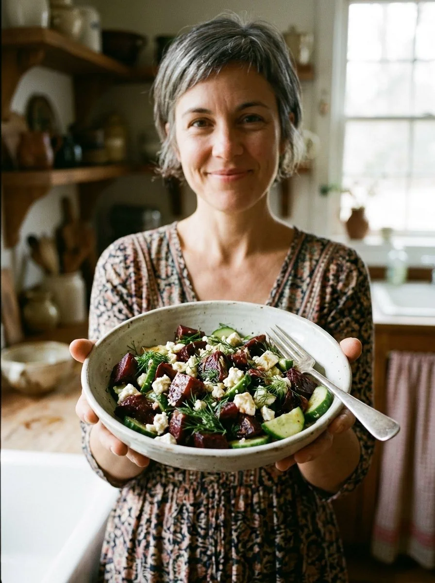 Irresistible beet feta salad with cucumber and dill in a bowl.