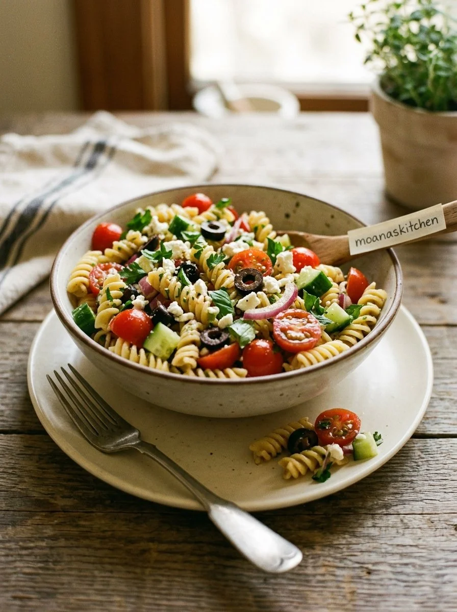 A vibrant bowl of Mediterranean Pasta Salad with fresh vegetables and olives