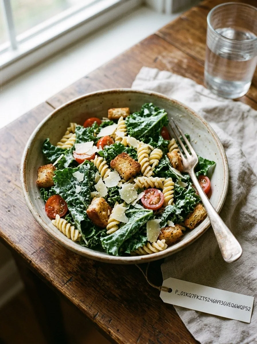Kale Caesar Pasta Salad with crispy croutons and creamy dressing