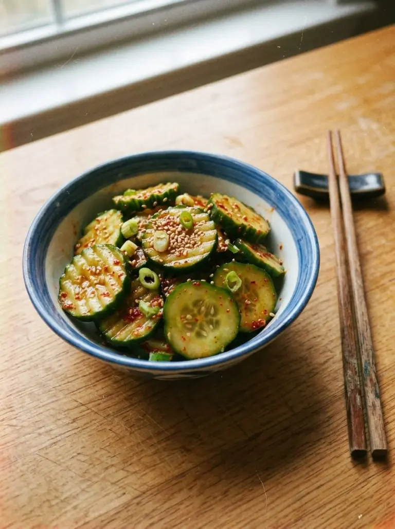 Delicious Korean Cucumber Salad served in a bowl with fresh ingredients