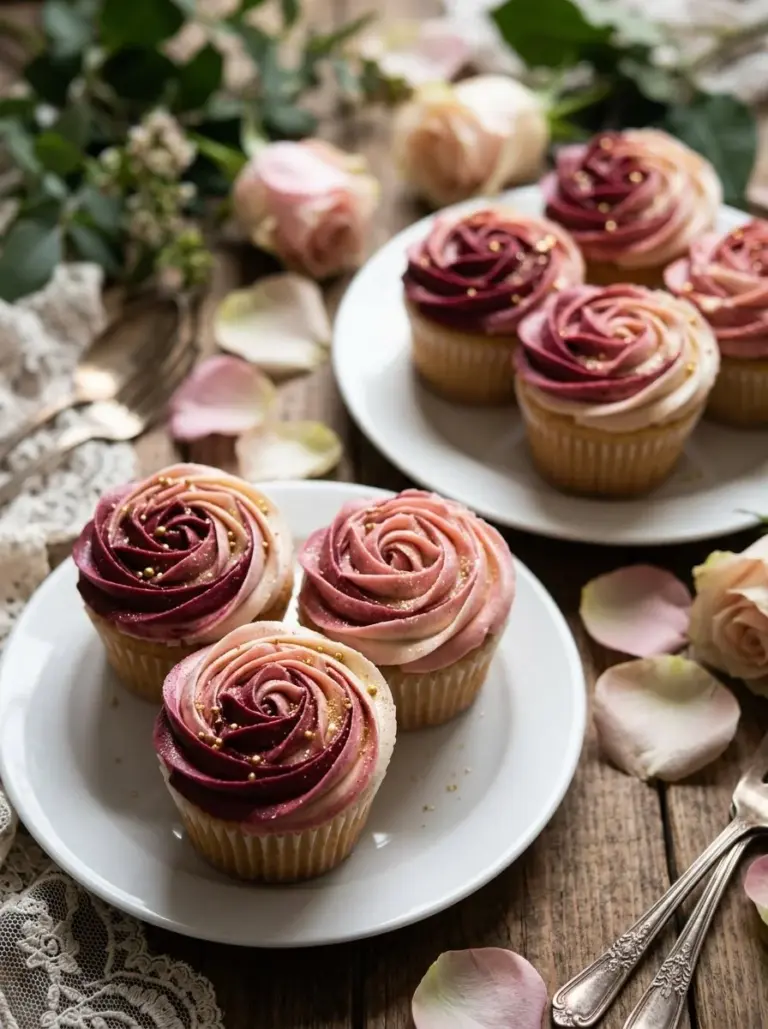 Midnight Rose Garden Cupcakes with intricate floral designs and rich flavors
