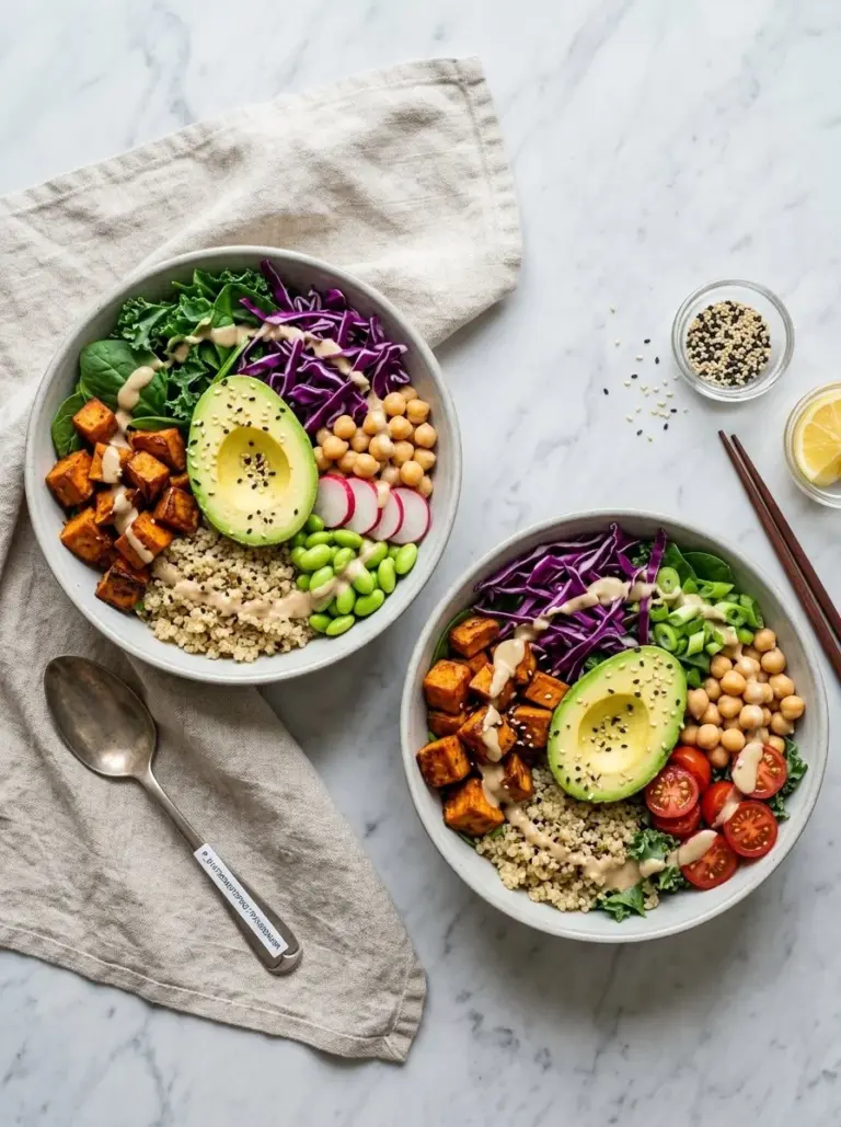 Miso glazed sweet potato Buddha bowl with colorful vegetables and grains.