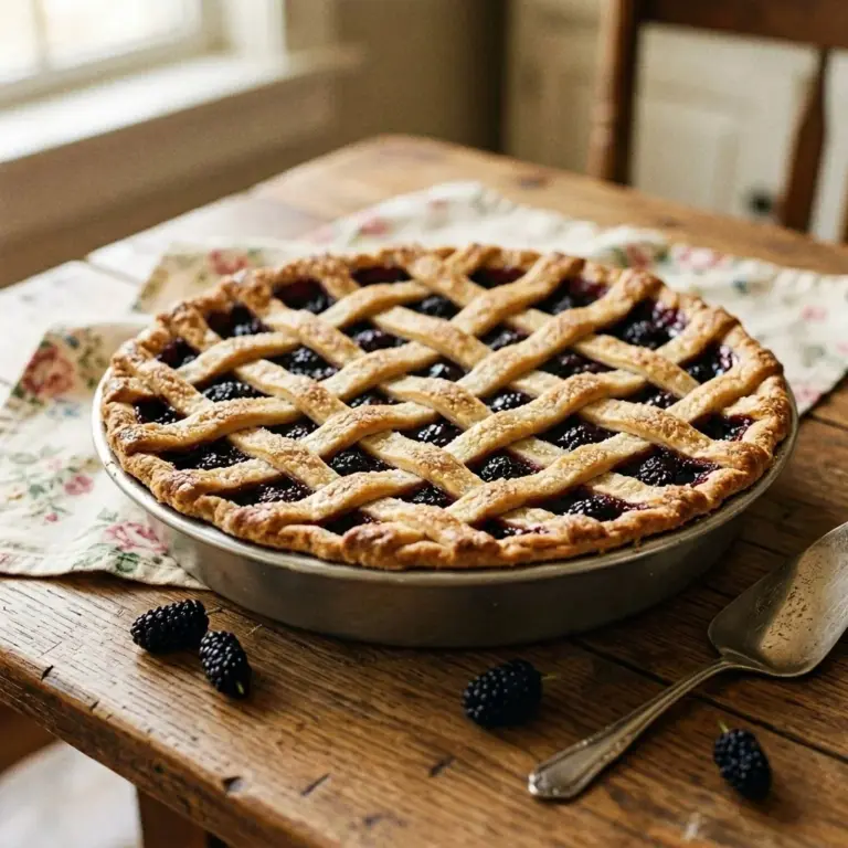 A freshly baked mulberry pie on a wooden table, showcasing its rich color and texture.
