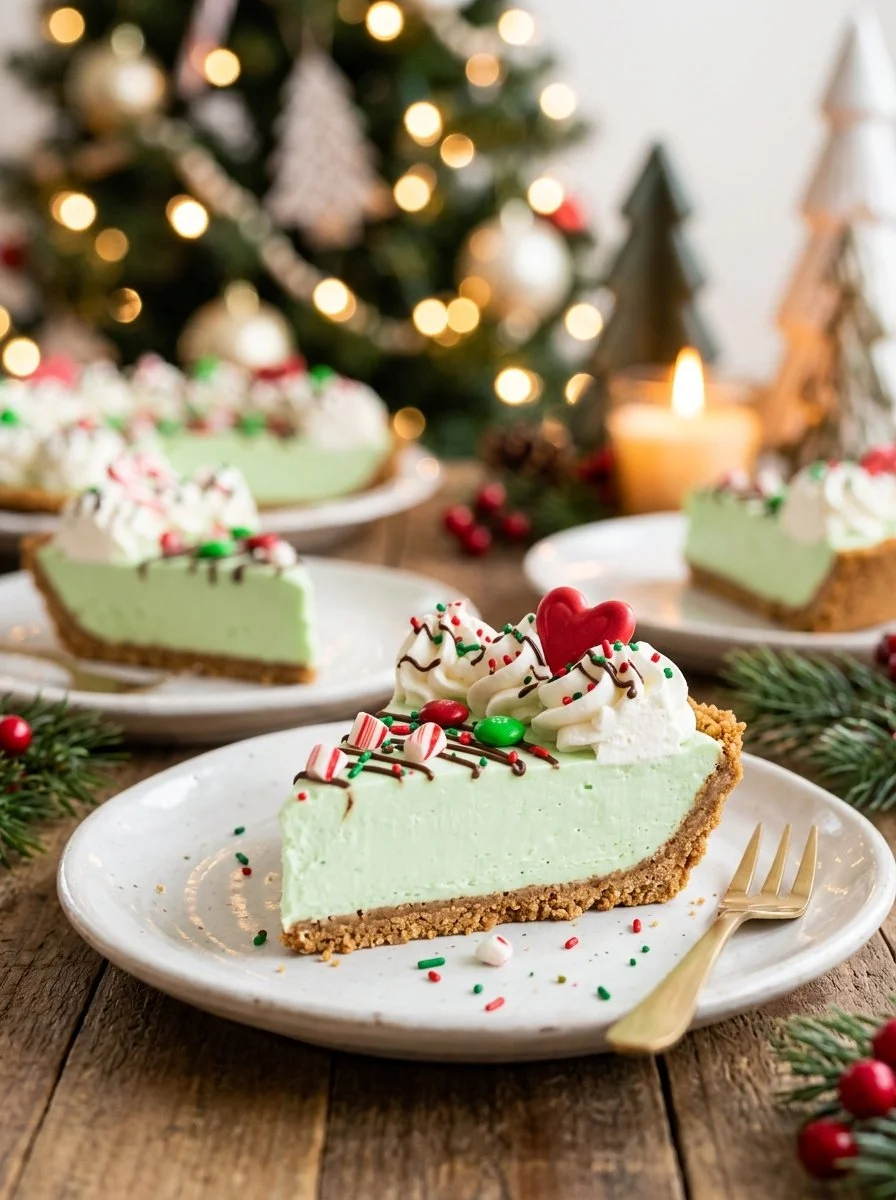 No Bake Grinch Pie topped with green whipped cream and red sprinkles