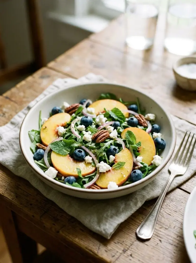 Peach Blueberry Salad with Feta garnished with fresh herbs.