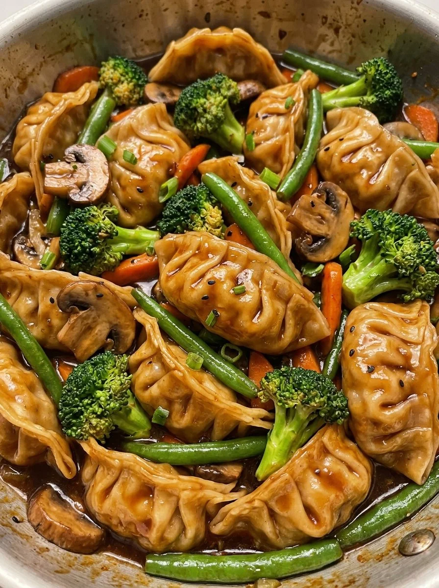 Delicious potsticker stir fry served in a bowl with colorful vegetables