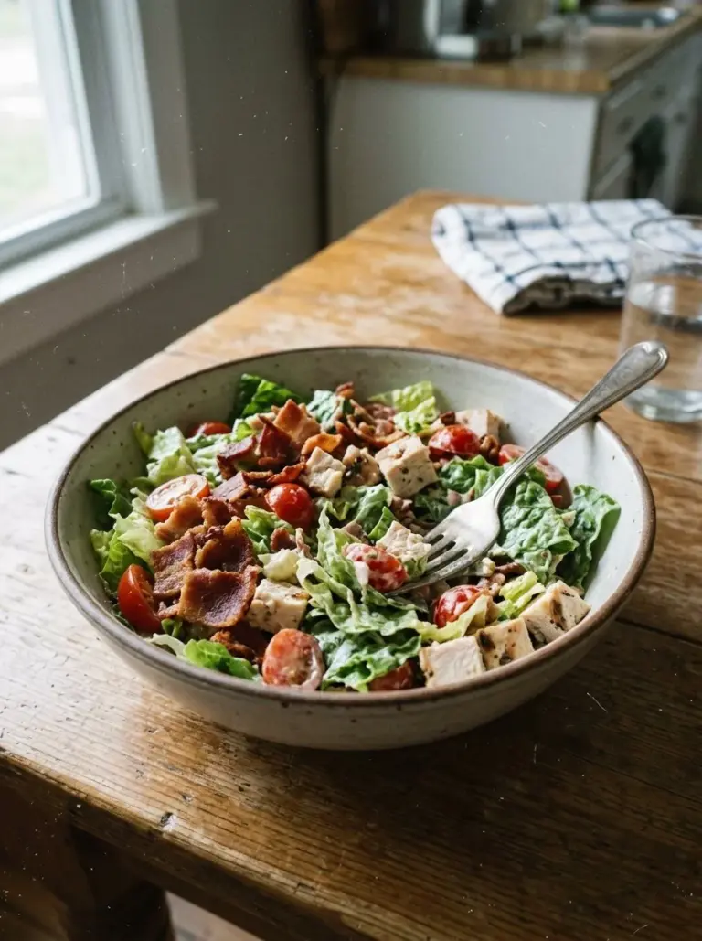 Savory BLT chicken salad with bacon, lettuce, and tomatoes served in a bowl.