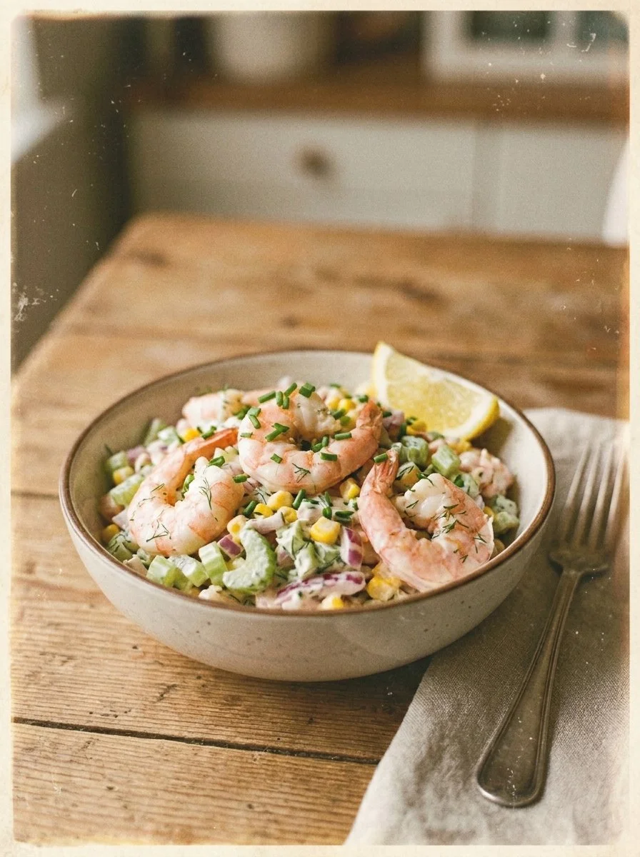 A vibrant shrimp salad featuring fresh vegetables and herbs