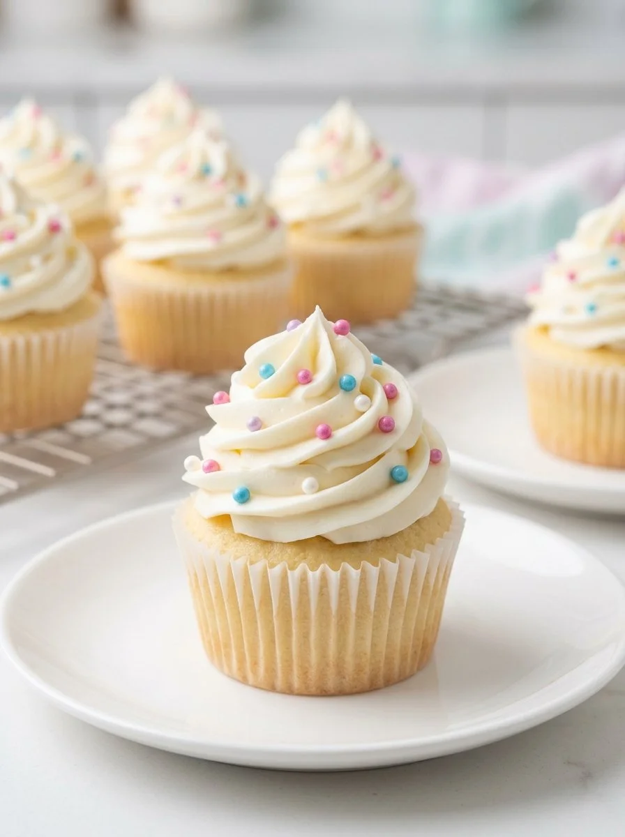 Delicious small batch vanilla cupcakes with creamy frosting and sprinkles.