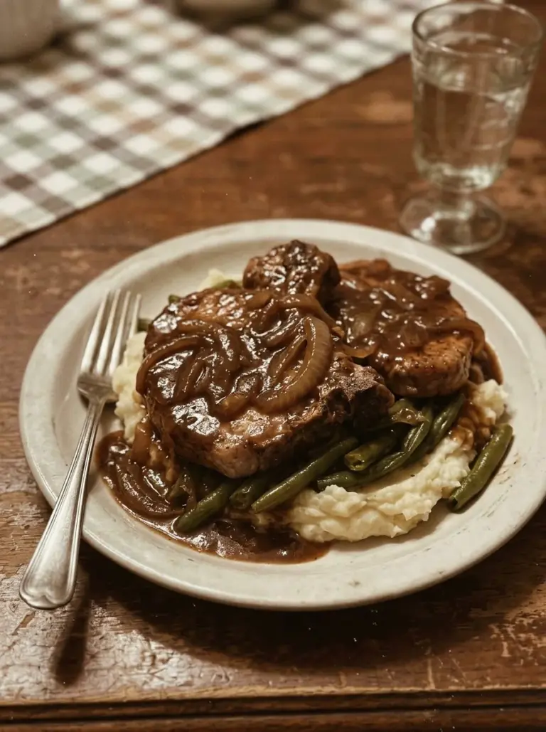 Delicious smothered pork chops served on a plate with gravy