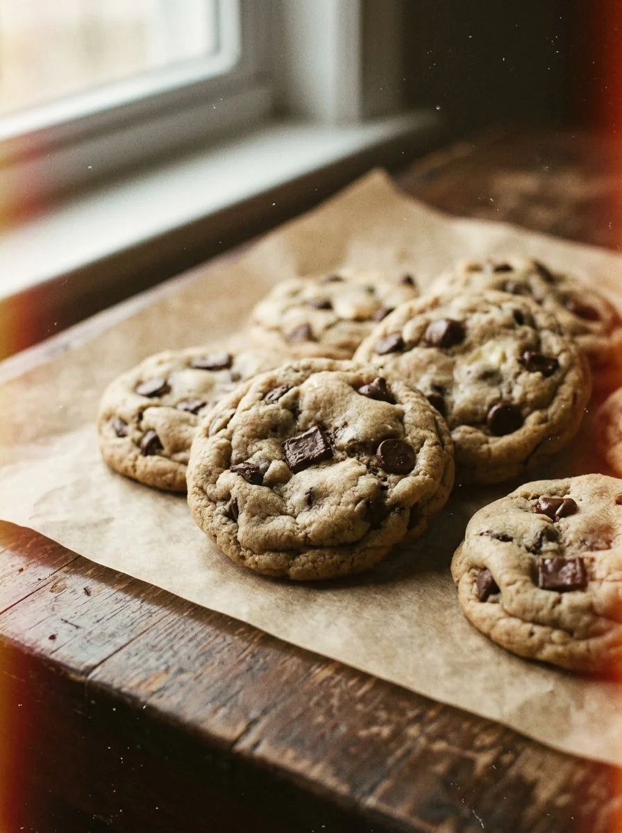 Freshly baked softbatch cream cheese chocolate chip cookies on a cooling rack