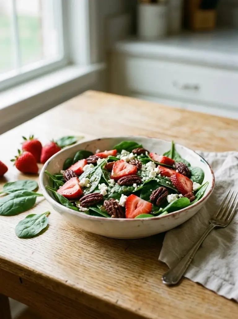 Spinach Strawberry Salad with Pecans in a bowl, garnished with fresh berries.