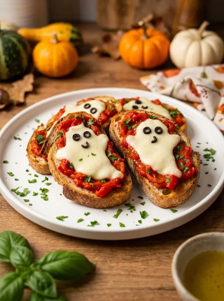 Delicious spooky BOO-schetta topped with Halloween-themed ingredients.