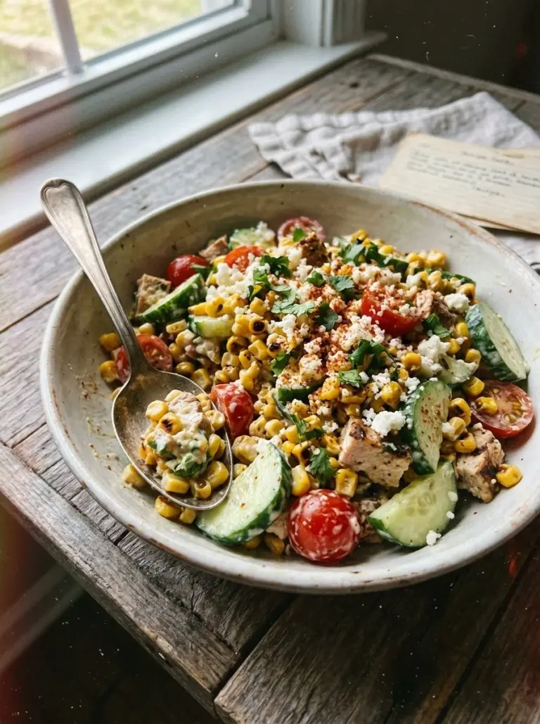 Delicious street corn creamy cucumber chicken salad recipe with vibrant ingredients.