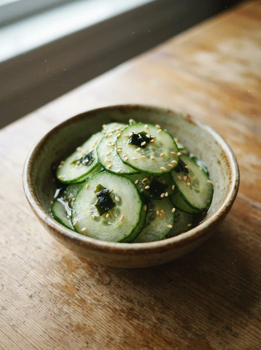 A vibrant bowl of Sunomono Salad with cucumbers, carrots, and sesame seeds.