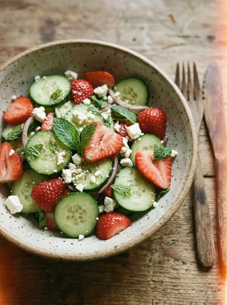 Fresh cucumber strawberry salad with mint and feta cheese, perfect summer dish.