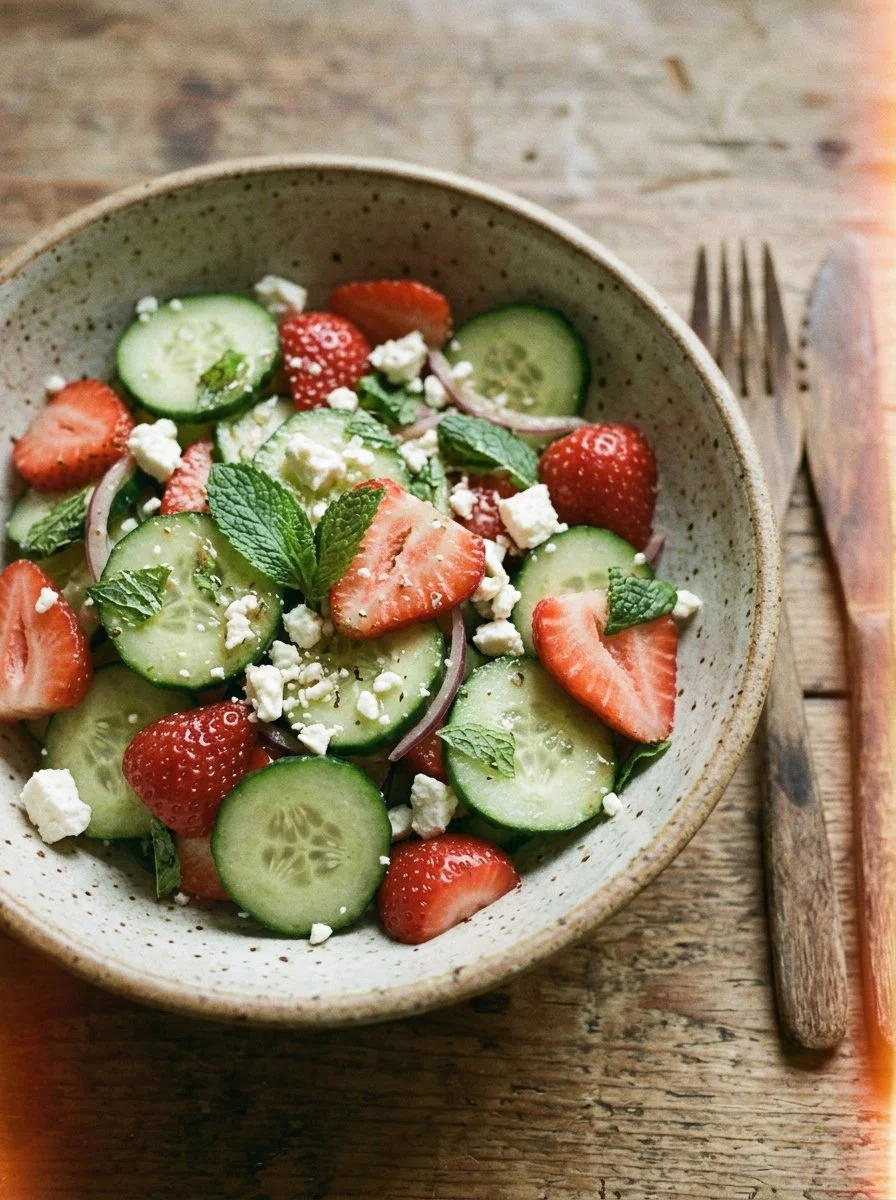 Fresh cucumber strawberry salad with mint and feta cheese, perfect summer dish.
