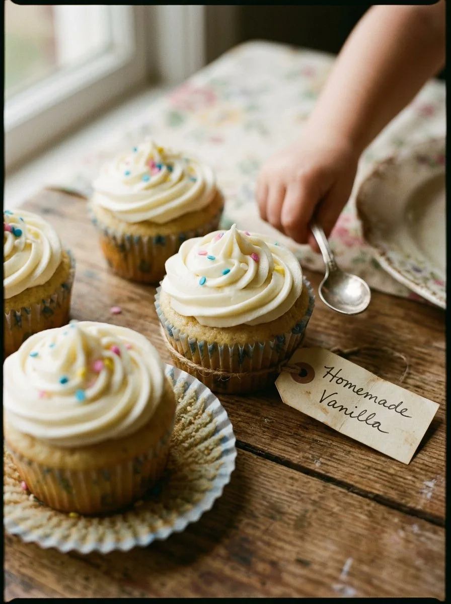 Delicious vanilla cupcakes topped with creamy frosting, ideal for any occasion.