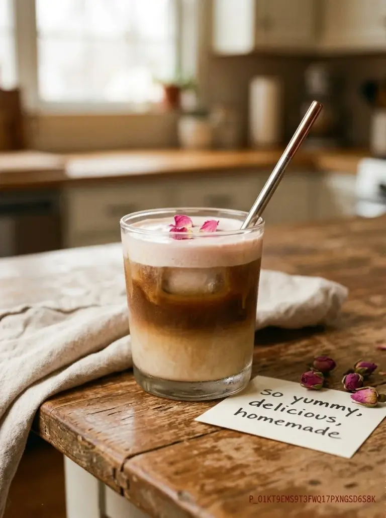Vanilla Rose Sweet Cream Cold Brew served in a glass with floral garnish
