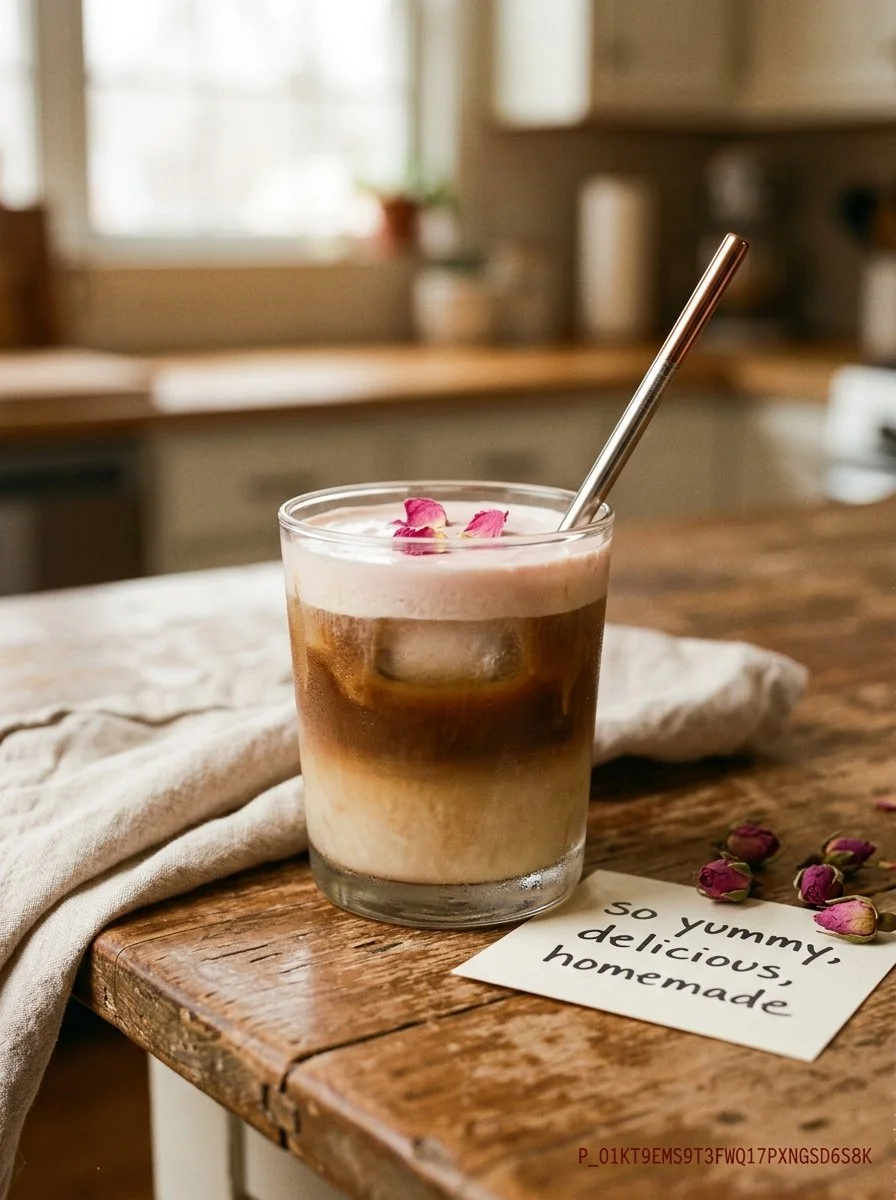 Vanilla Rose Sweet Cream Cold Brew served in a glass with floral garnish
