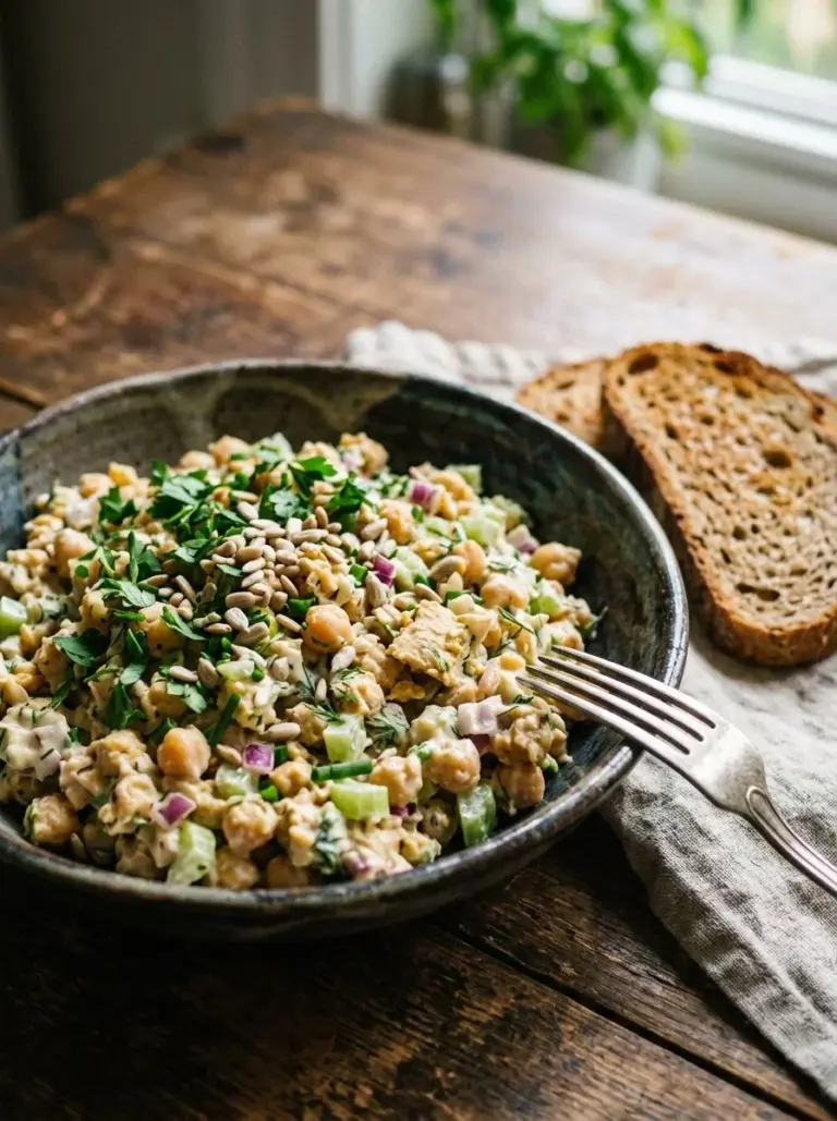 Vegan Chickpea Chicken Salad with fresh vegetables in a bowl